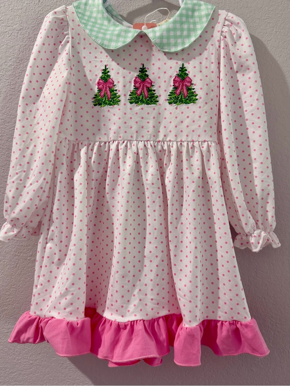 Marie Nicole Pink Dot Christmas Tree Mint Gingham Long Sleeve Dress XS